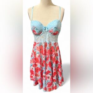 Floral Blue and Pink Lace Bohemian Nightgown  Adjustable Padded Dress Size M